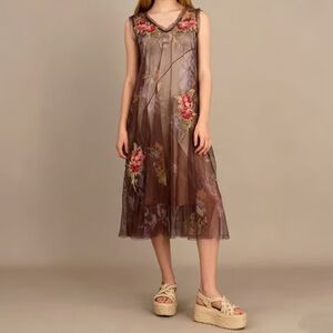 Riya Johnny Was Mesh Midi Dress Tank V Neck Embroidered Florals Birds